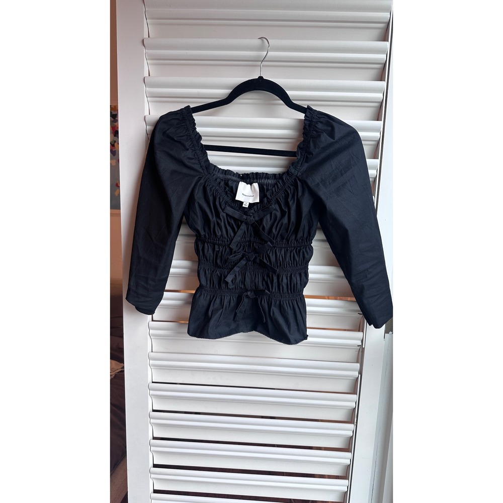 Reformation Black Smocked Peplum Top Square Neck Bow Tie Blouse